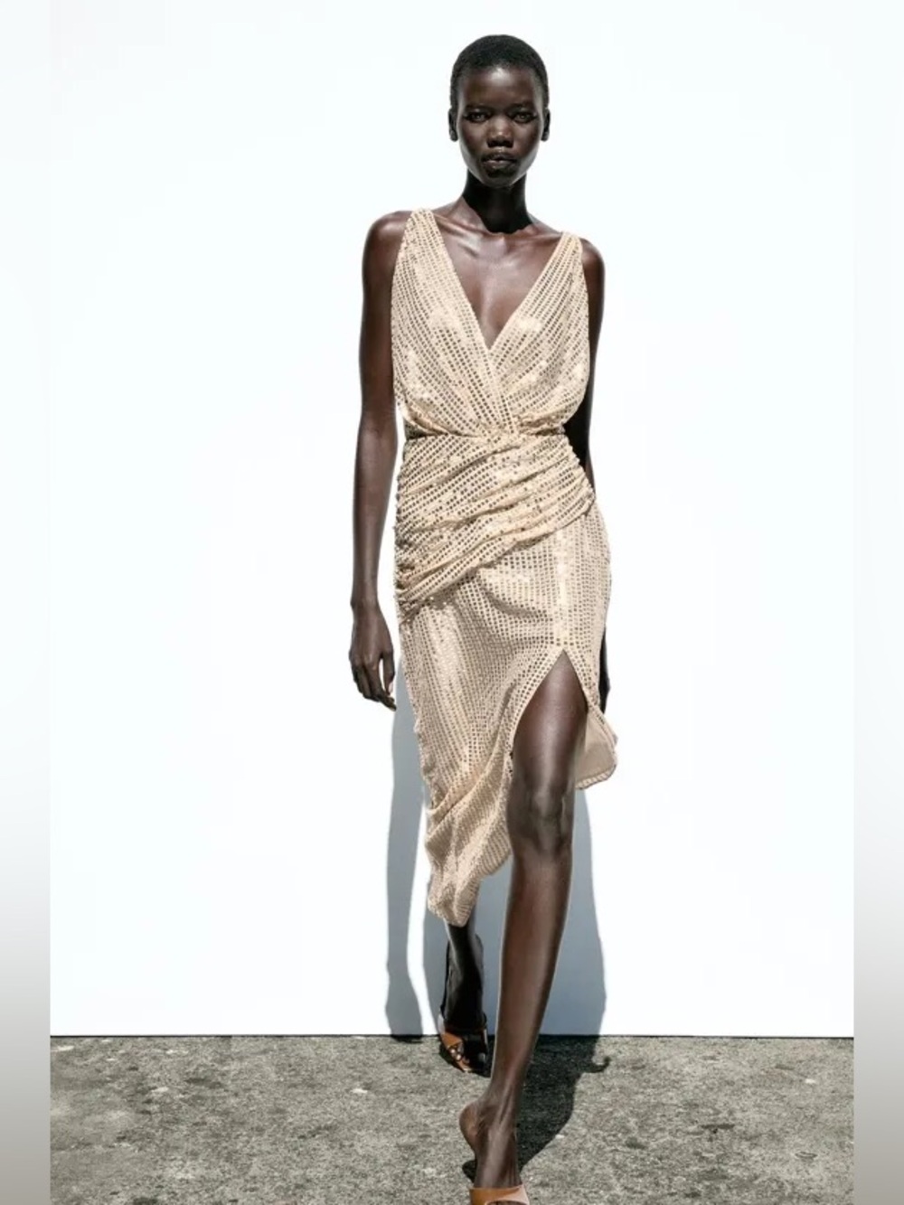 ZARA Gold Sequin Sparkly Sleeveless V-Neck Midi Dress with ruching detail. L NWT